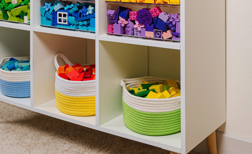 LEGO in baskets with handles, transparent bins