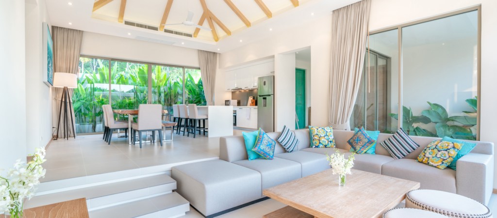 living room of a home with high ceilings