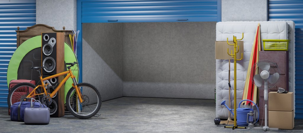 Self storage unit with stuff outside open door