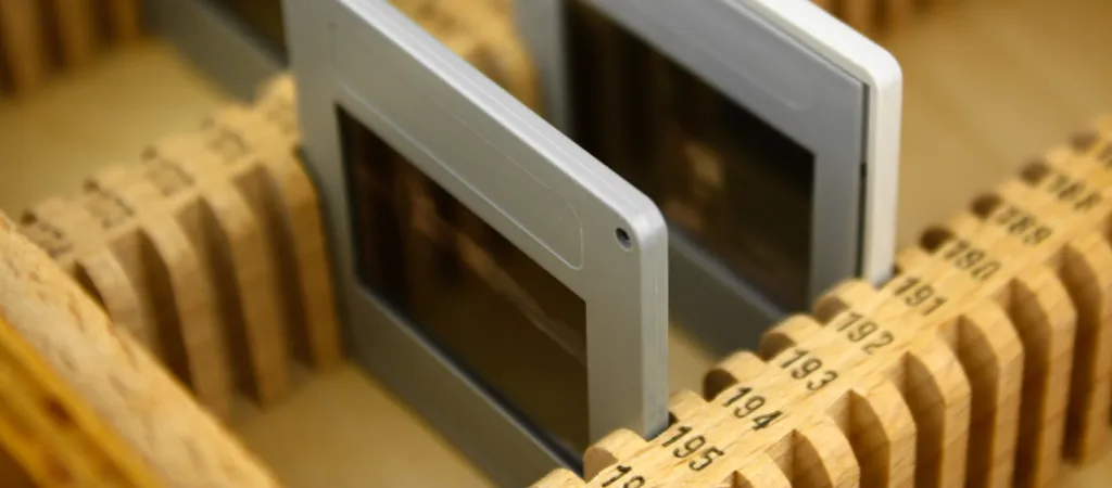 wooden filing box with photo slides