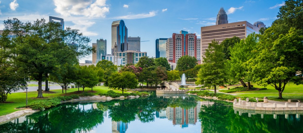 Uptown Charlotte, North Carolina, and lake at Marshall Park
