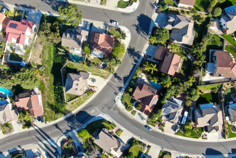 Aerial top view of residential subdivision house in Diamond Bar, Eastern Los Angeles, California