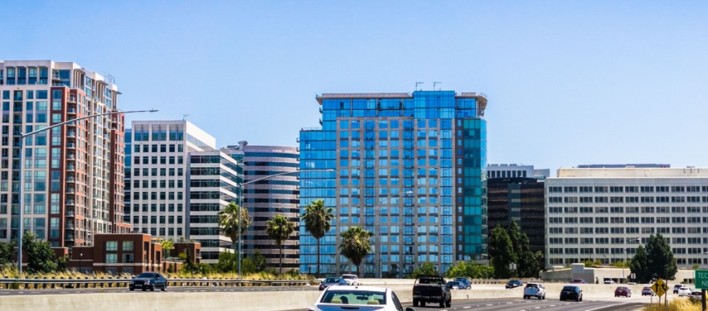 San Jose skyline as seen from the nearby freeway, Silicon Valley, California