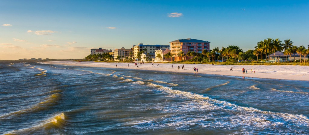 View of the beach from the fishing pier in Fort Myers Beach, Florida