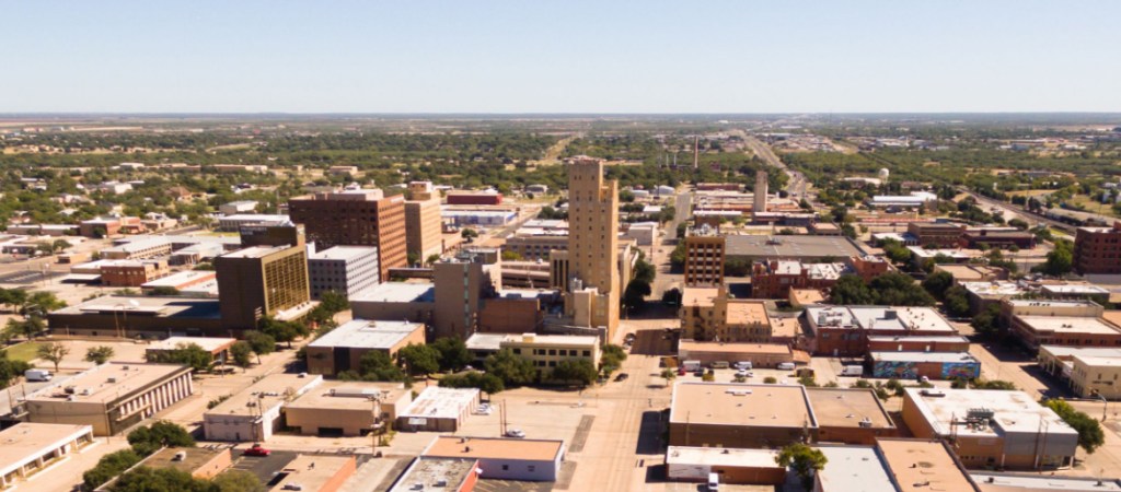 A birdseye view of Lubbock Texas downtown city skylines