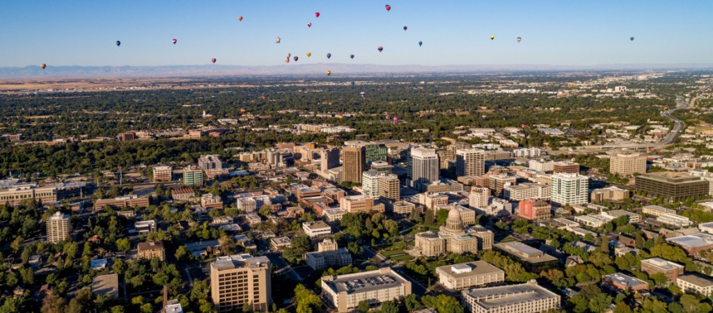Boise Idaho in summer with a hot air balloon festival in town
