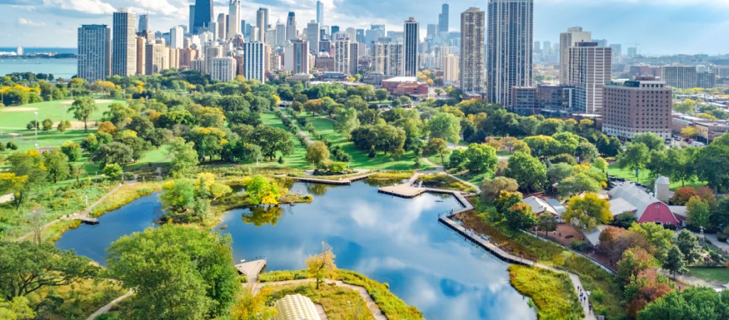 Chicago skyline aerial drone view from above