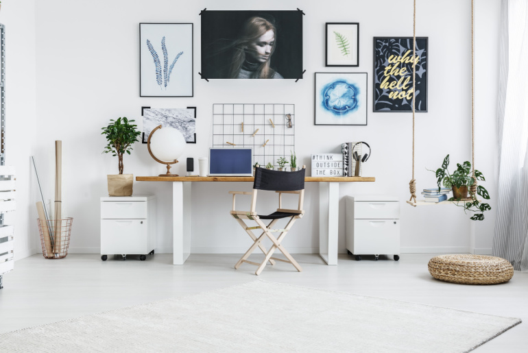 Inspiring work zone in modern, bright apartment, large canvas wall art for living room
