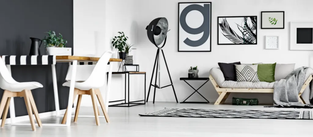Modern living room in black and white with dining zone