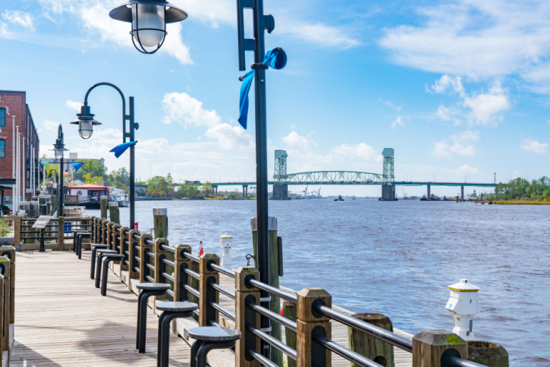 Riverwalk along the waterfront of the Cape Fear River in Wilmington, NC