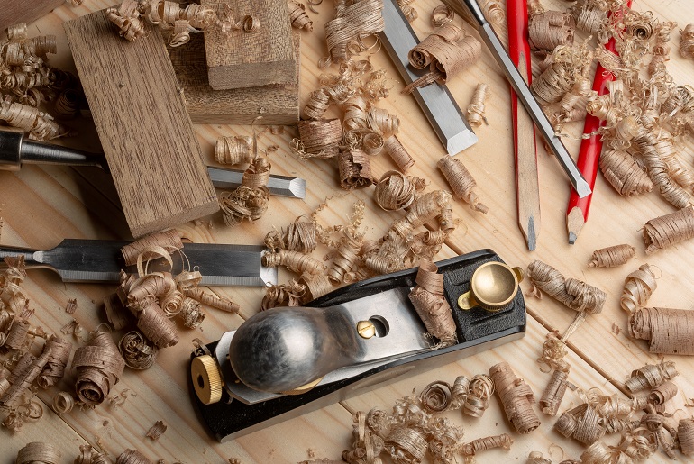 Woodworking tools pencils & wood shavings