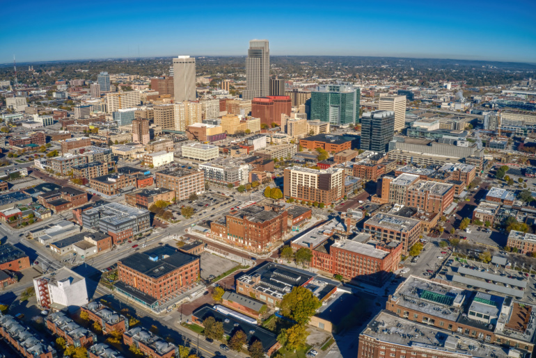 Aerial view of Downtown Omaha, Nebraska in autumn