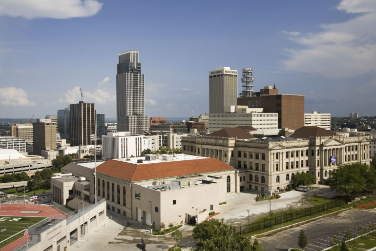 Aerial view of Omaha Nebraska skyline on summer day