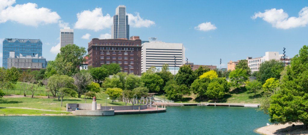 City skyline of Omaha Nebraska from the Heartland of America Park