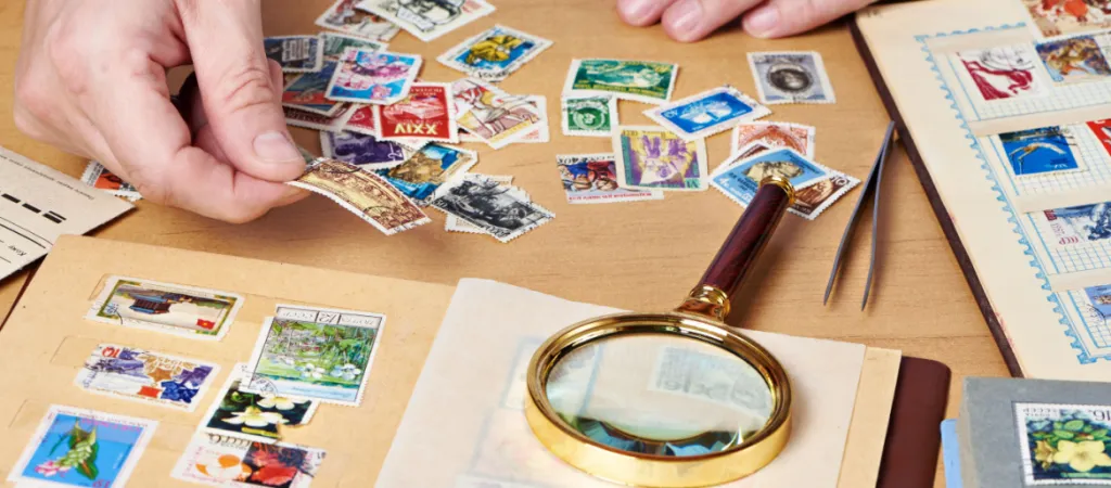 Man watching a collection of postage stamps