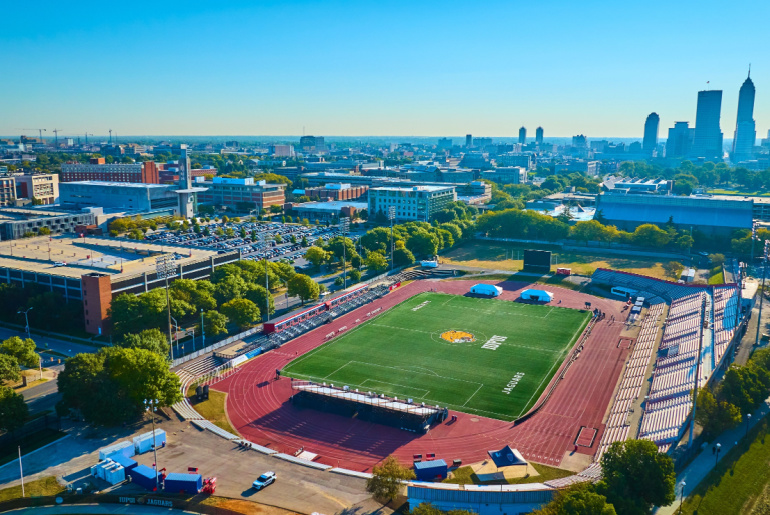 Aerial View of IUPUI Jaguars Stadium and Indianapolis Skyline