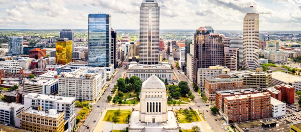 Aerial view of Indianapolis, Indiana skyline above Indiana World War Memorial and University park