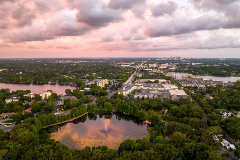 Aerial view of Maitland and Lake Lily at dusk. Located north of Orlando, Florida