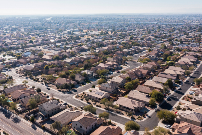 Afternoon aerial view of sprawling suburban single family housing in Peoria, Arizona
