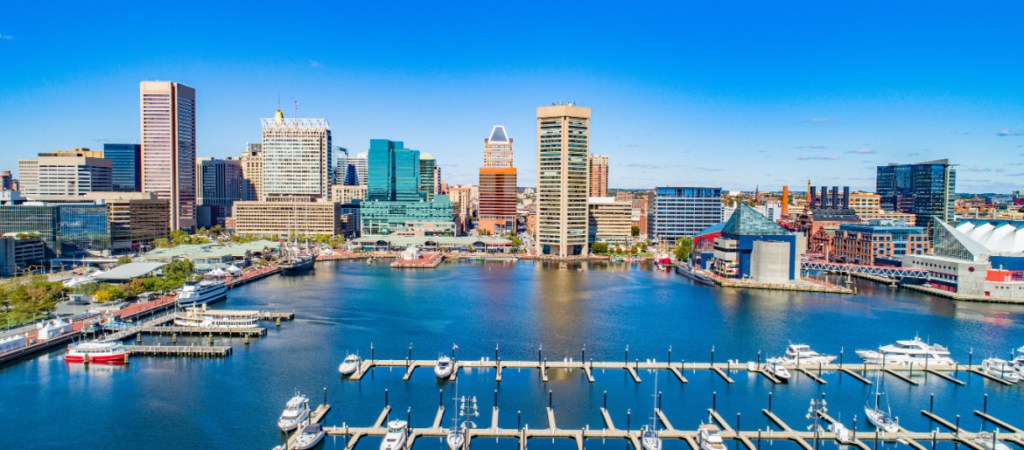 Baltimore, Maryland, USA Inner Harbor Drone Skyline Aerial