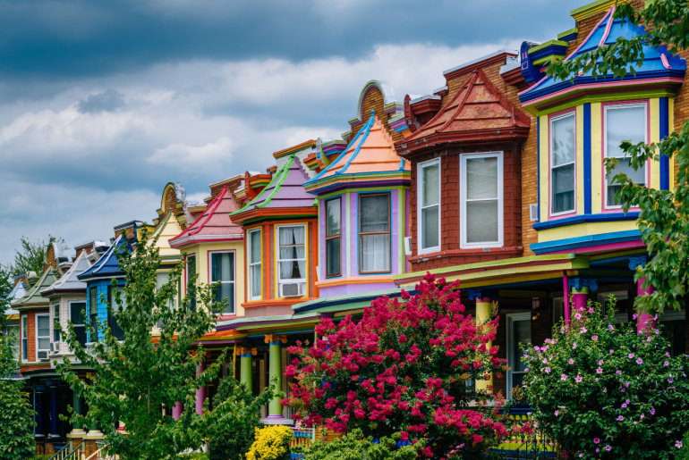 Colorful row houses on Guilford Avenue, in Baltimore, Maryland