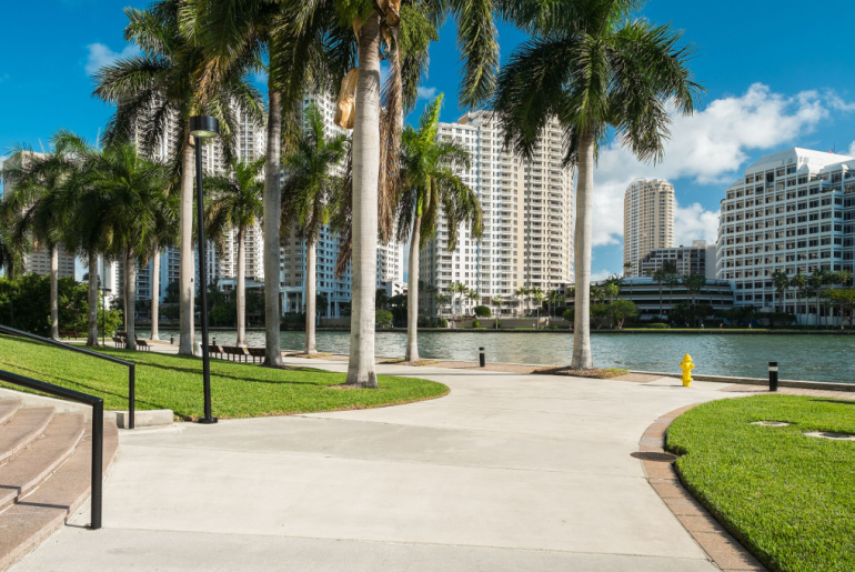 Downtown Miami along Biscayne Bay with Brickell Key in the background