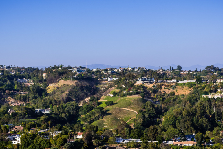 Scattered houses on one of the hills of Bel Air neighborhood, Los Angeles, California