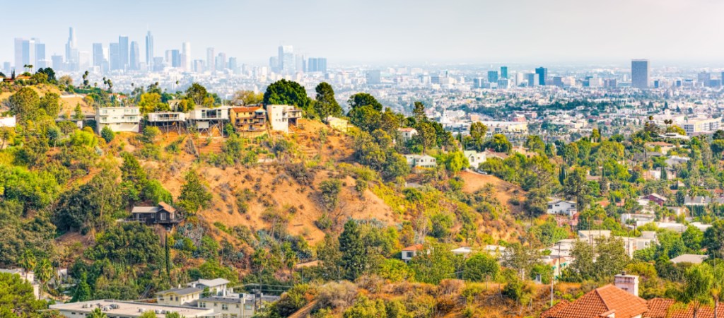 Urban views of the Beverly Hills area and residential buildings on the Hollywood hills. USA.