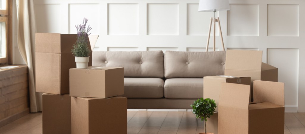 Home interior with moving boxes