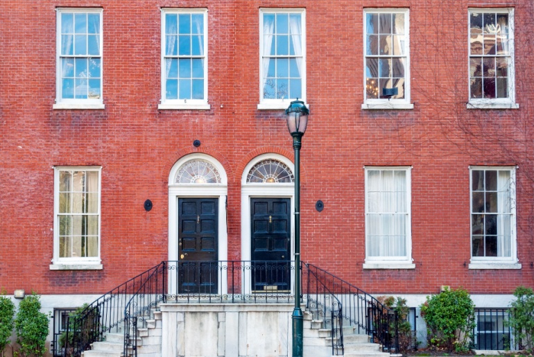 Colorful brick townhouses on Washington square in Philadelphia Center City