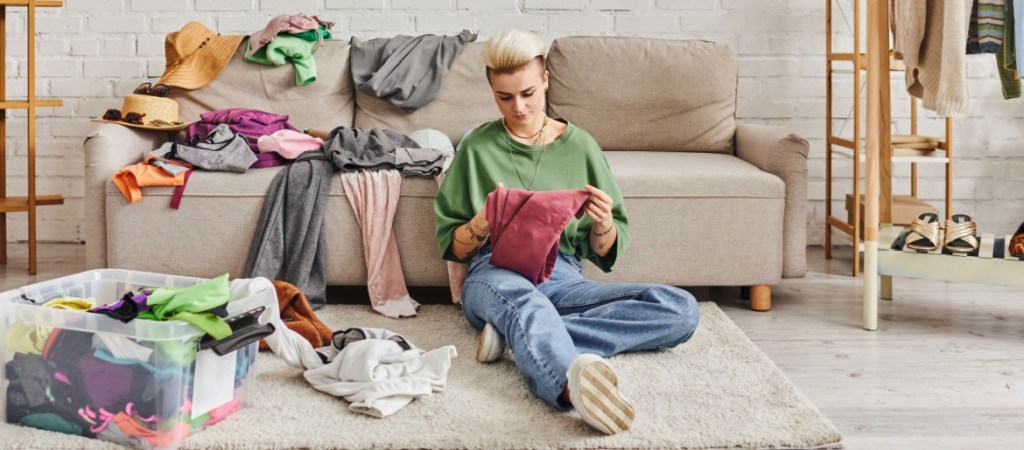 Woman decluttering in her living room