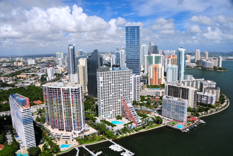 Aerial view of Miami skyline in Miami, Florida, USA