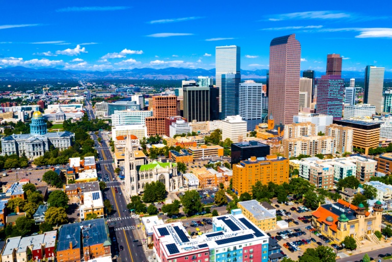 Denver Colorado skyline cityscape during sunny day time afternoon