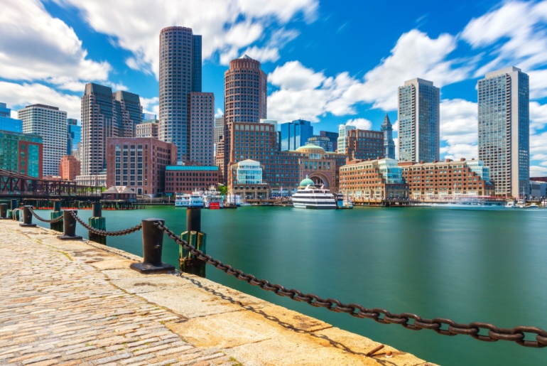 View from harbor of Downtown Boston, MA, on a sunny day