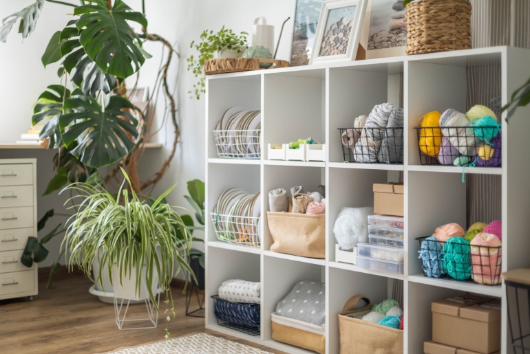 Wall with shelves.
