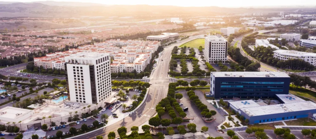 Aerial sunset view of the skyline of downtown Irvine, CA