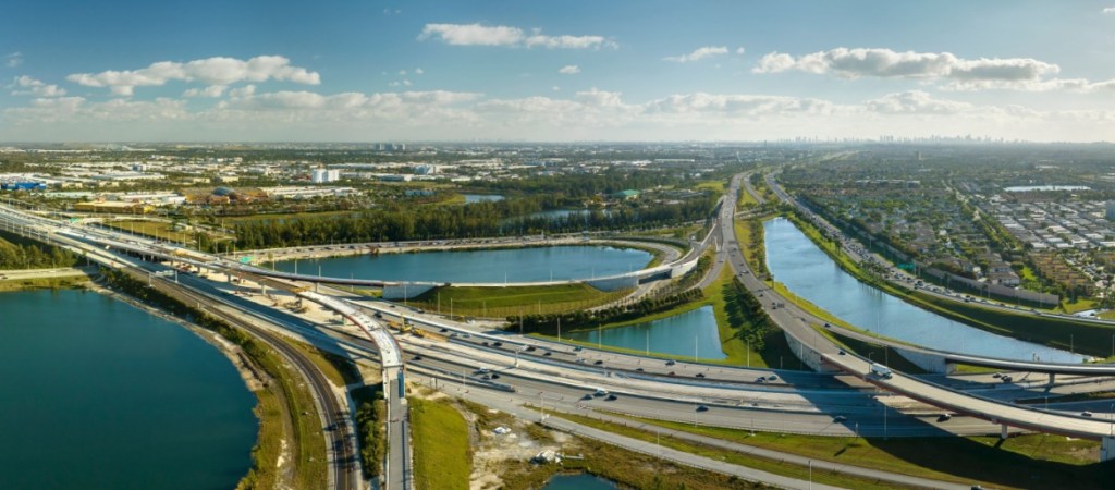 Aerial view of highway to Miami, Florida. American highway junction.