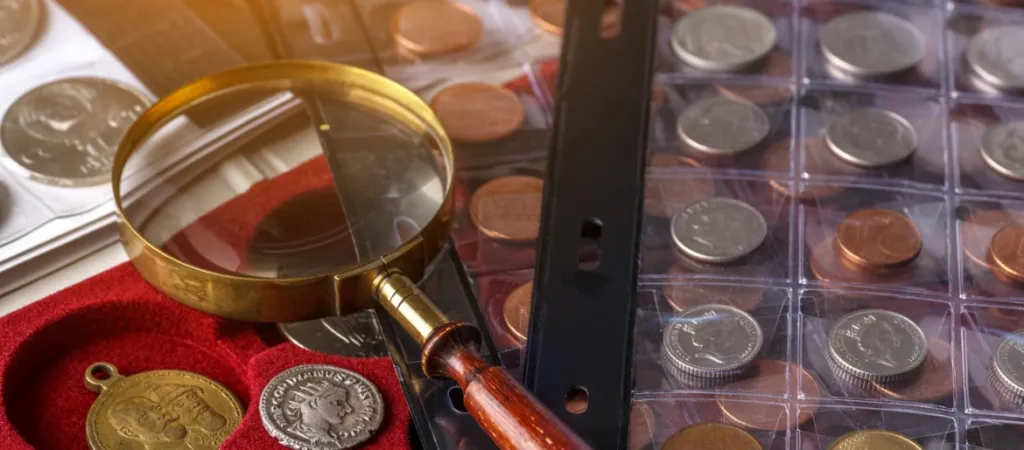 Magnifying glass and coins.