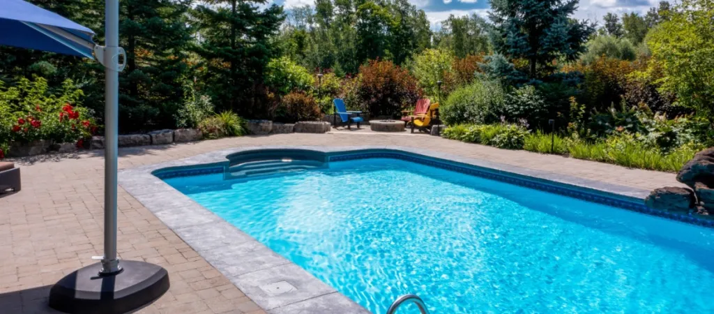 Backyard swimming pool surrounded by pine trees, foliage