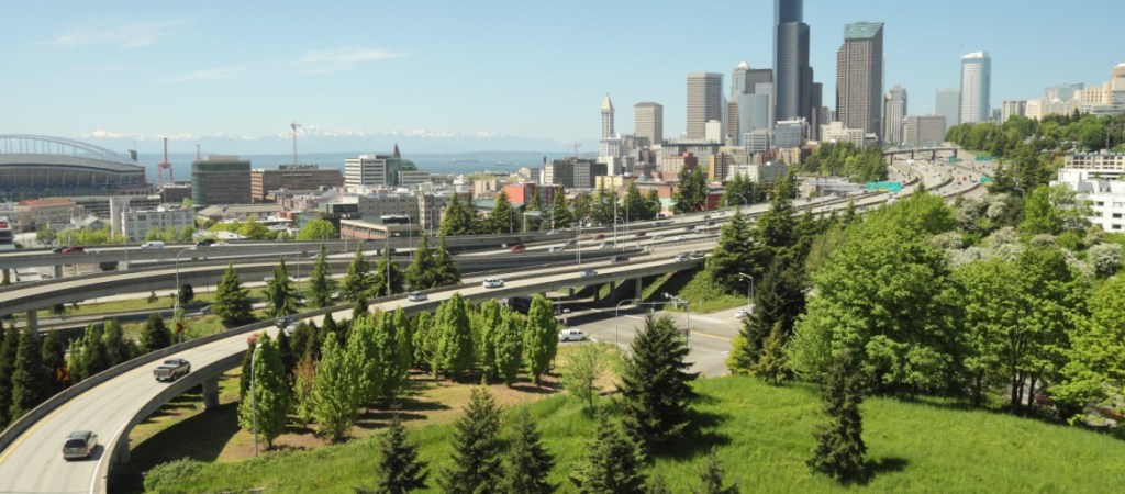 Freeway showing cars going into Seattle