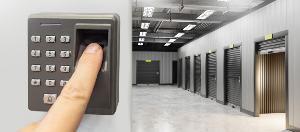 Secure access to indoor self storage using a keypad and fingerprint scanner. Self storage tech feature