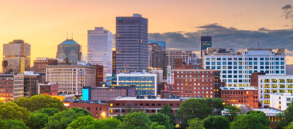 Cleveland, Ohio, USA downtown city skyline at dusk.