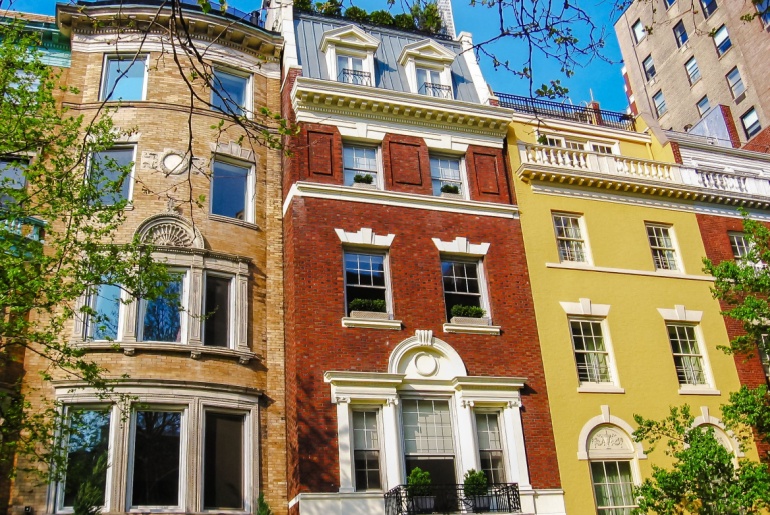 Historical colorful building facade in Lower East Side, New York City, United States.
