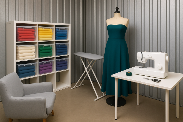 Sewing essentials, neatly stored and ready to inspire in a storage unit.