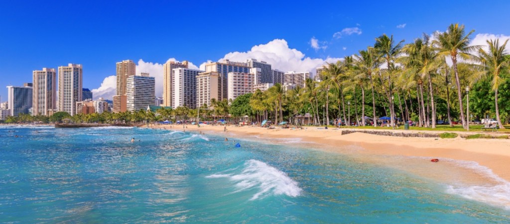 Skyline of Honolulu, Hawaii and the surrounding area including the hotels and buildings on Waikiki Beach