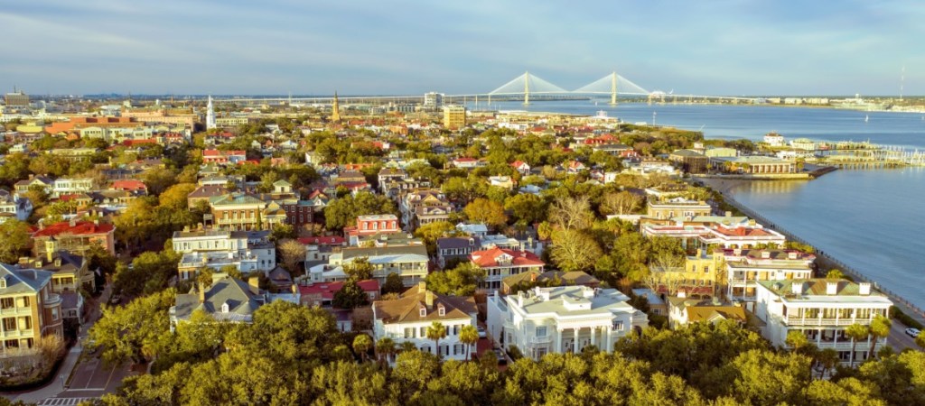 Aerial view of historic downtown Charleston SC and the Arthur Ravenel Bridge over the Cooper River