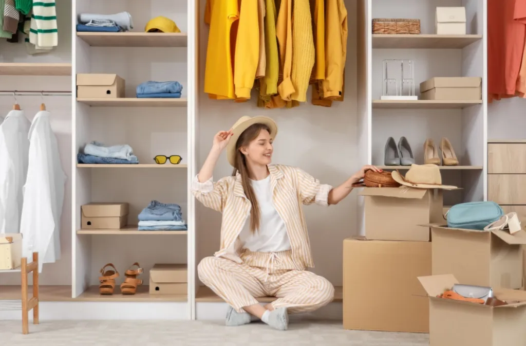 Happy woman with many wardrobe boxes and stylish clothes sitting in dressing room