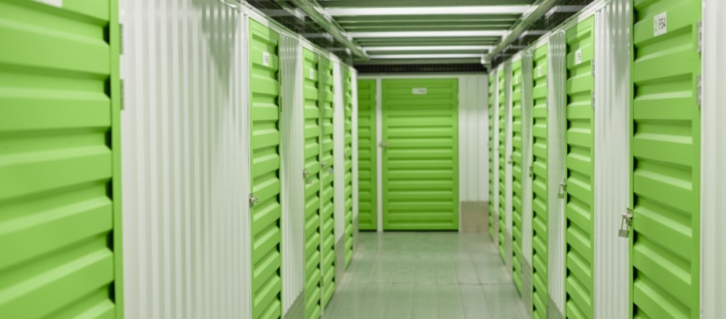 Hallway with storage units.