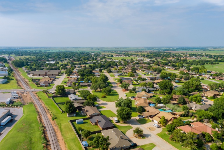 Aerial view of a suburban settlement in Oklahoma.