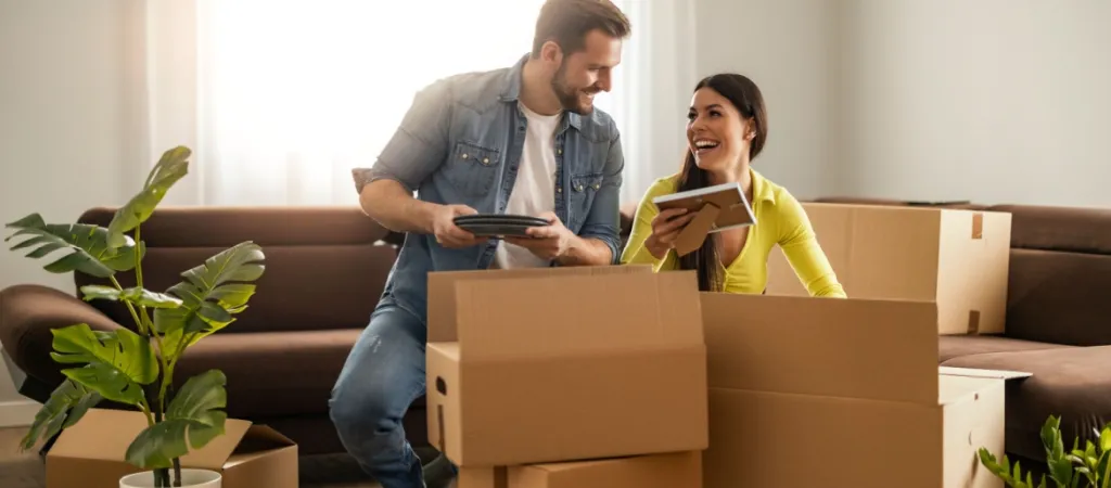 Happy young married couple downsizes to new home and unpacks boxes together